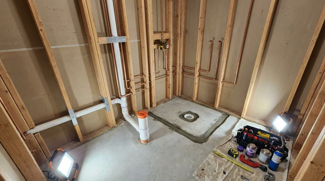 Bathroom rough-in plumbing during remodel by Johns Plumbing LLC in Rockaway