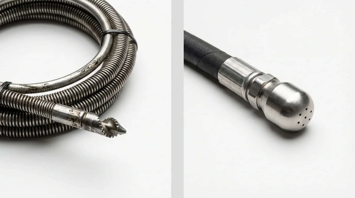 Drain snake cable and hydro jetting nozzle used for drain cleaning in Rockaway, NJ