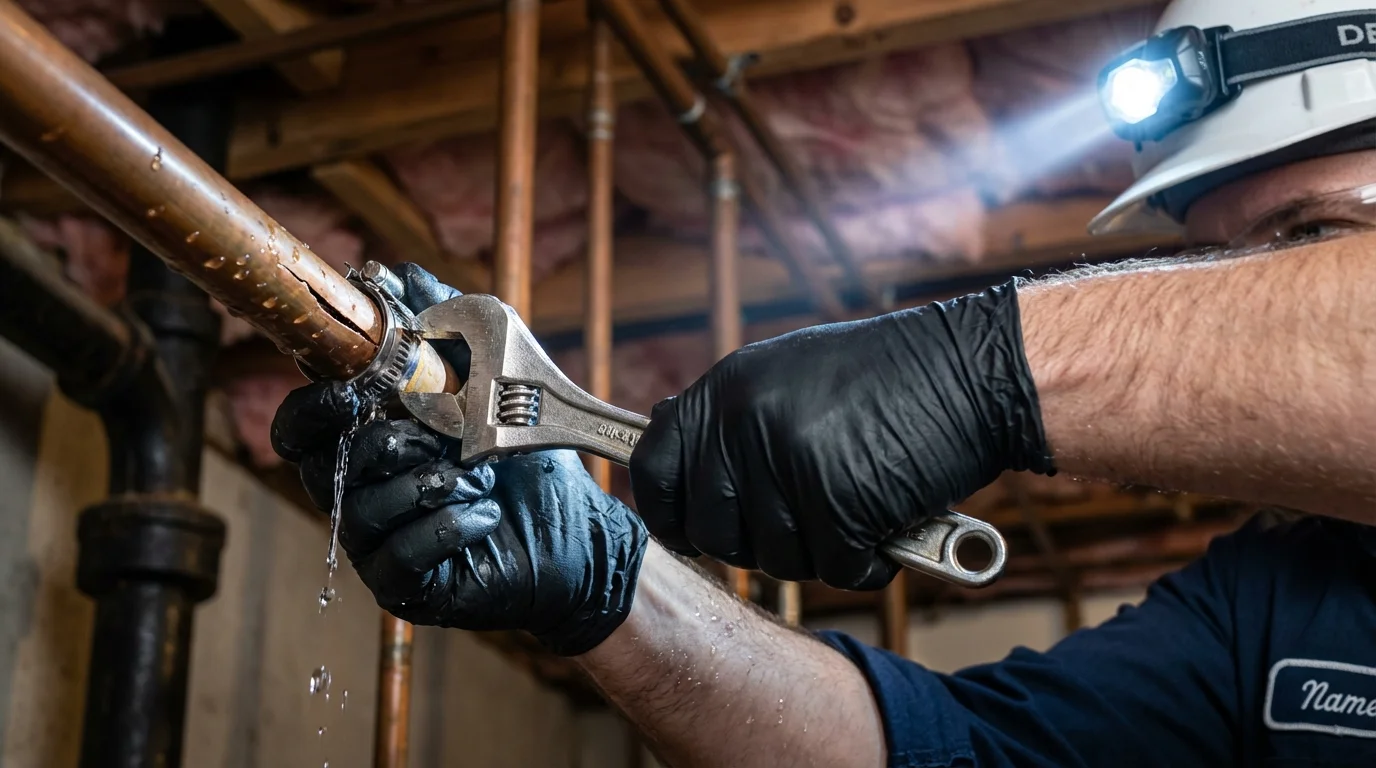 Emergency pipe clamp repair being performed by a Johns Plumbing LLC plumber in Rockaway