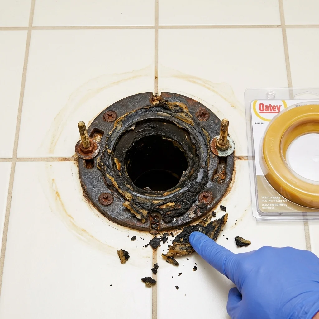 Failed wax ring showing water seepage at the base of a toilet in a Rockaway, NJ home