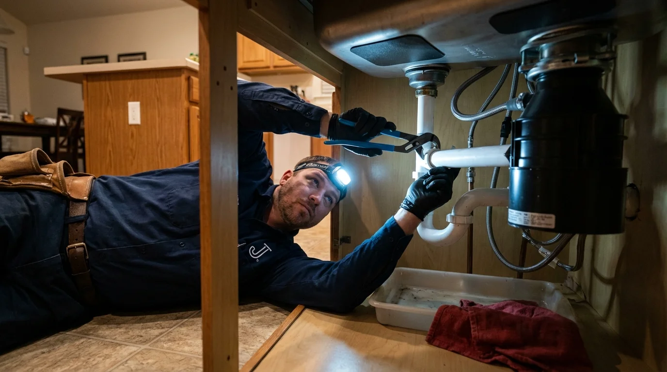 P-trap and supply line connections under a kitchen sink showing a common leak point in Rockaway, NJ
